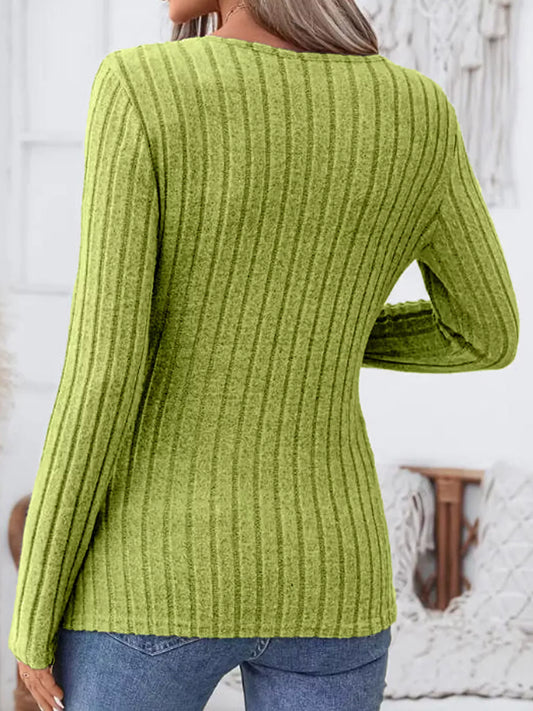Product image of Ribbed Knit Notched Long Sleeve Top from H&N Hearts online boutique