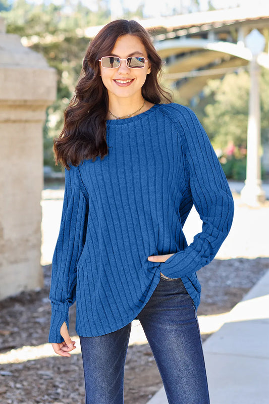 Product image of Basic Bae Full Size Ribbed Round Neck Long Sleeve Knit Top from H&N Hearts online boutique