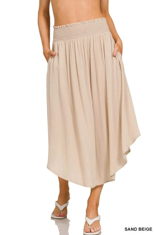 Product image of Zenana Woven Crinkle Smocked Waist Maxi Skirt W Pockets from H&N Hearts online boutique