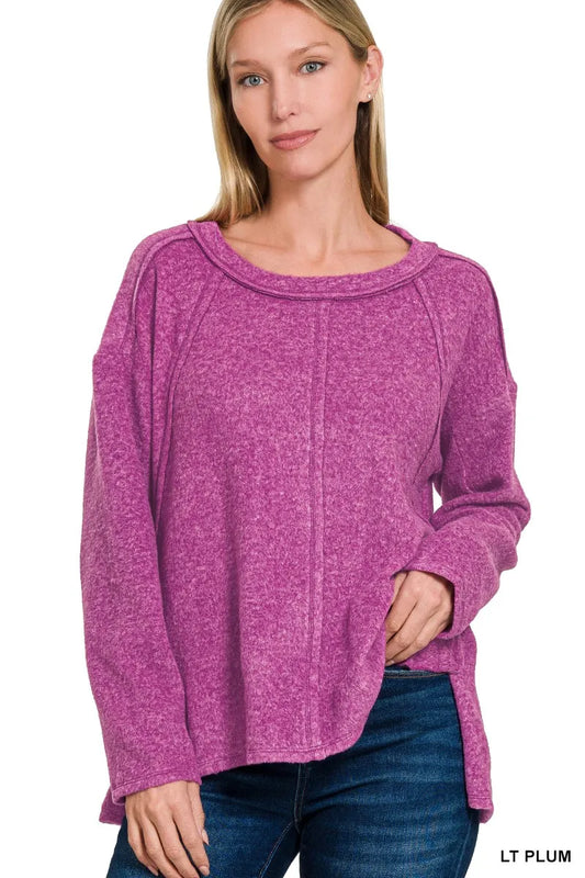 Product image of Zenana Brushed Hacci Exposed Seam Hi Low Sweater from H&N Hearts online boutique