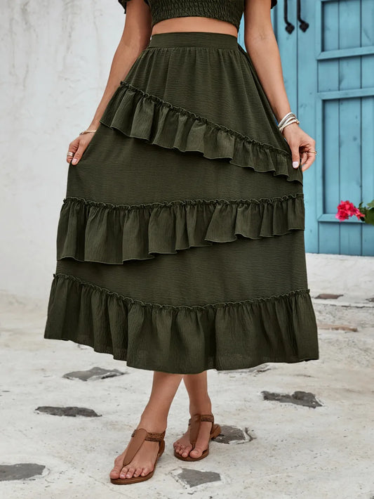 Product image of Honey Ruffled Elastic Waist Midi Skirt from H&N Hearts online boutique