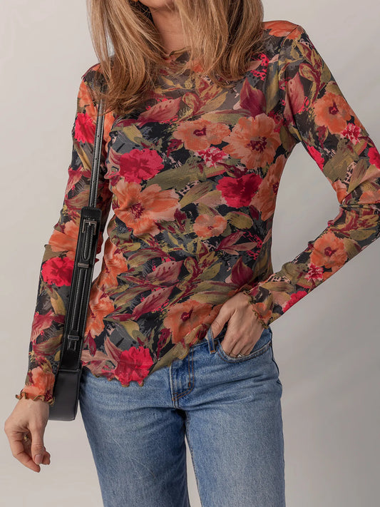 Product image of Multicolour Floral Print Lettuce Trim Long Sleeve Mesh Top from H&N Hearts online boutique