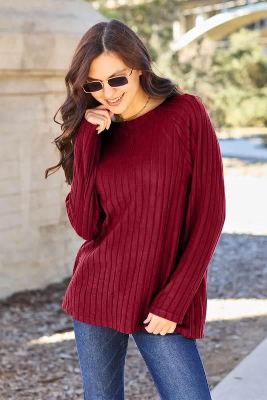 Product image of Basic Bae Full Size Ribbed Round Neck Long Sleeve Knit Top from H&N Hearts online boutique